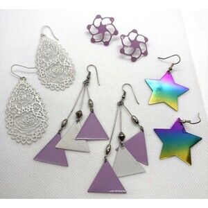 Vintage Lot of 4 Pairs Purple White Pierced Earrings 80s 90s Statement Geometric